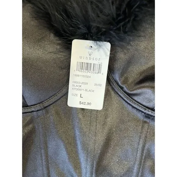 NWT Windsor Black Satin Bodysuit With Black Feather Detail Women’s L - Picture 11 of 11